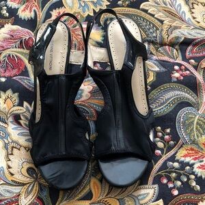 Adrienne Vittadini Black Patent Leather Slingback Peep-Toe Heels
